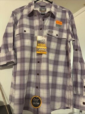 NWT Ariat REBAR Women's Purple and White Plaid Button-Down Shirt